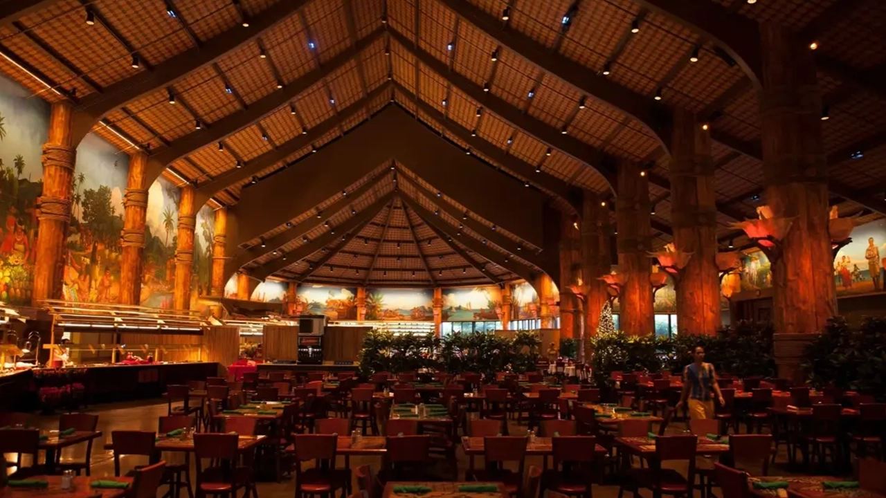 Large inside dining room of the Gateway Buffet at the Polynesian Cultural Center.