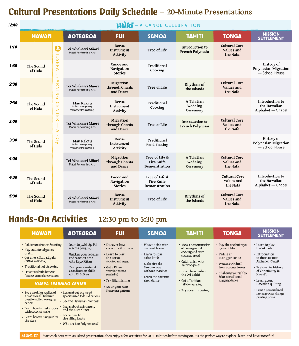 Table with schedule of activities at the Polynesian Cultural Center.