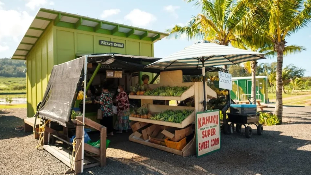A stall with many different tropical fruits on display.