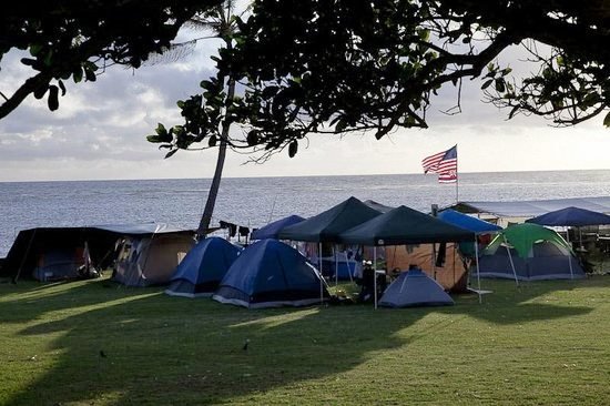 Group of tents on the beach in Hawaii