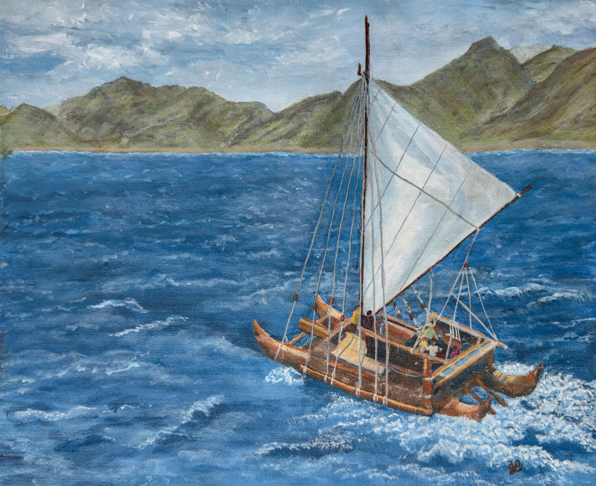 Paiting of Iosepa, a double-hulled Polynesian canoe, approaching the shores of Hawaiʻi.