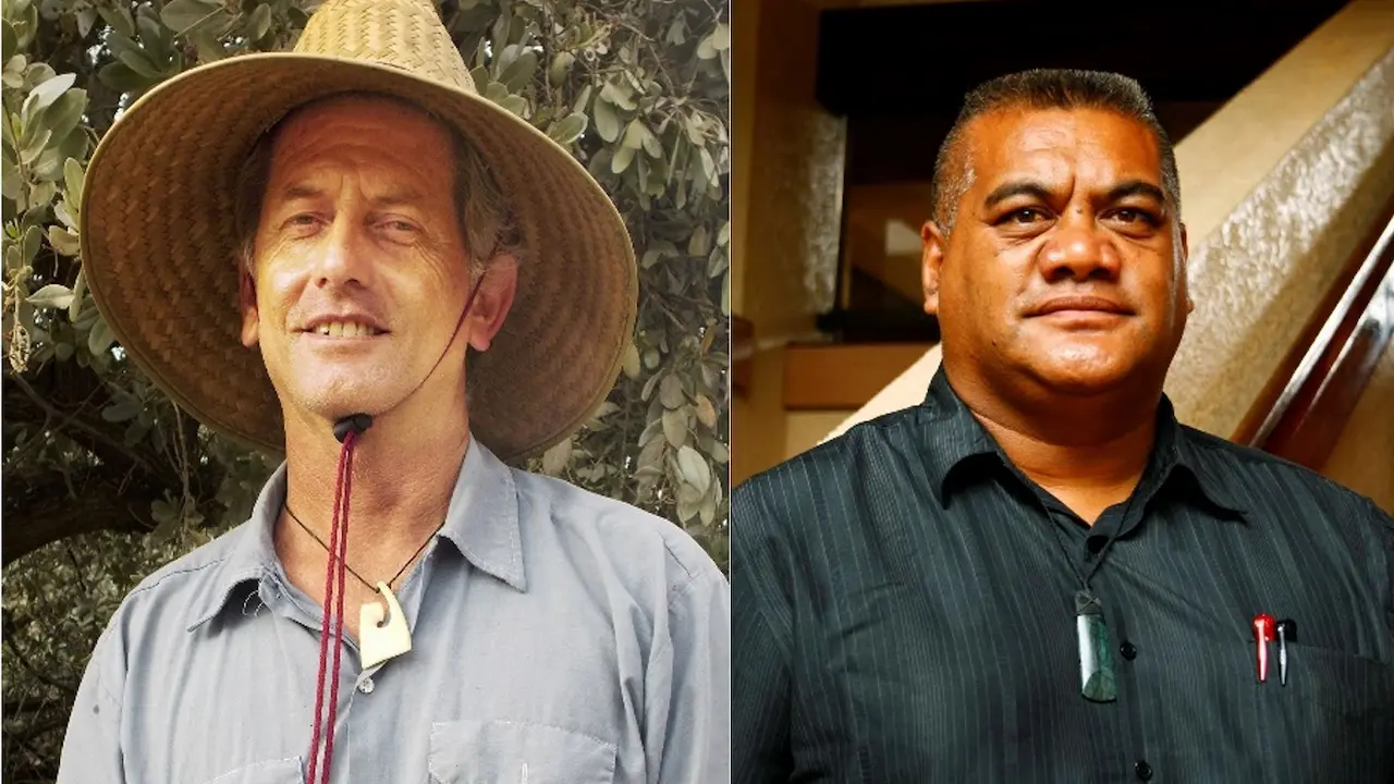 Two photos. On the left is Jared Pere, manager of the Carver's Department at the Polynesian Cultural Center. On the right is William Mahoni, a recognized and respected artist. Both men are considered master carvers.