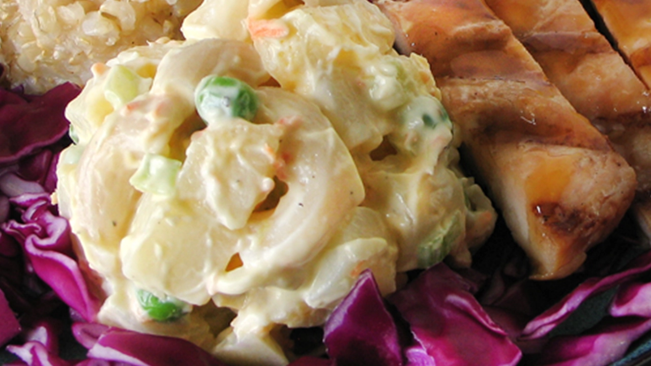Close-up of potat-mac salad.