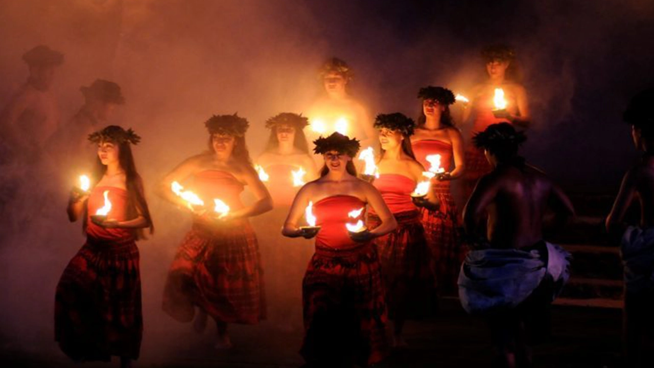 A dramatic, fiery ceremony during the show of HĀ: Breath of Life.