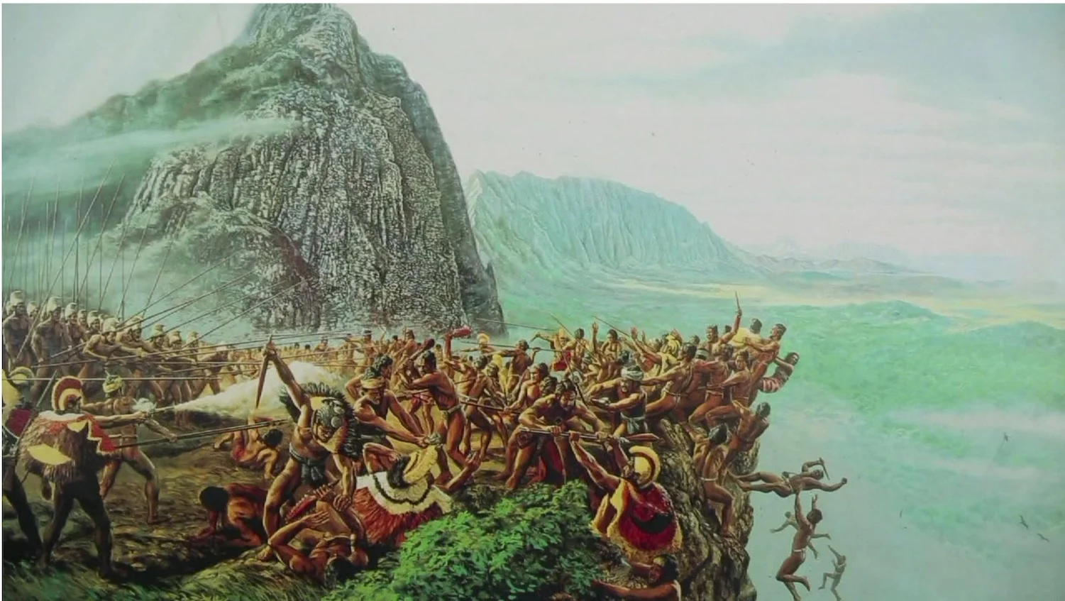  Painting depicting the battle of Nuʻuanu as it comes to its conclusion along the Pali Lookout on the island of Oʻahu, where Kamehameha's army overpowers the army of King Kalanikupele and literally pushes them over the edge to their deaths.