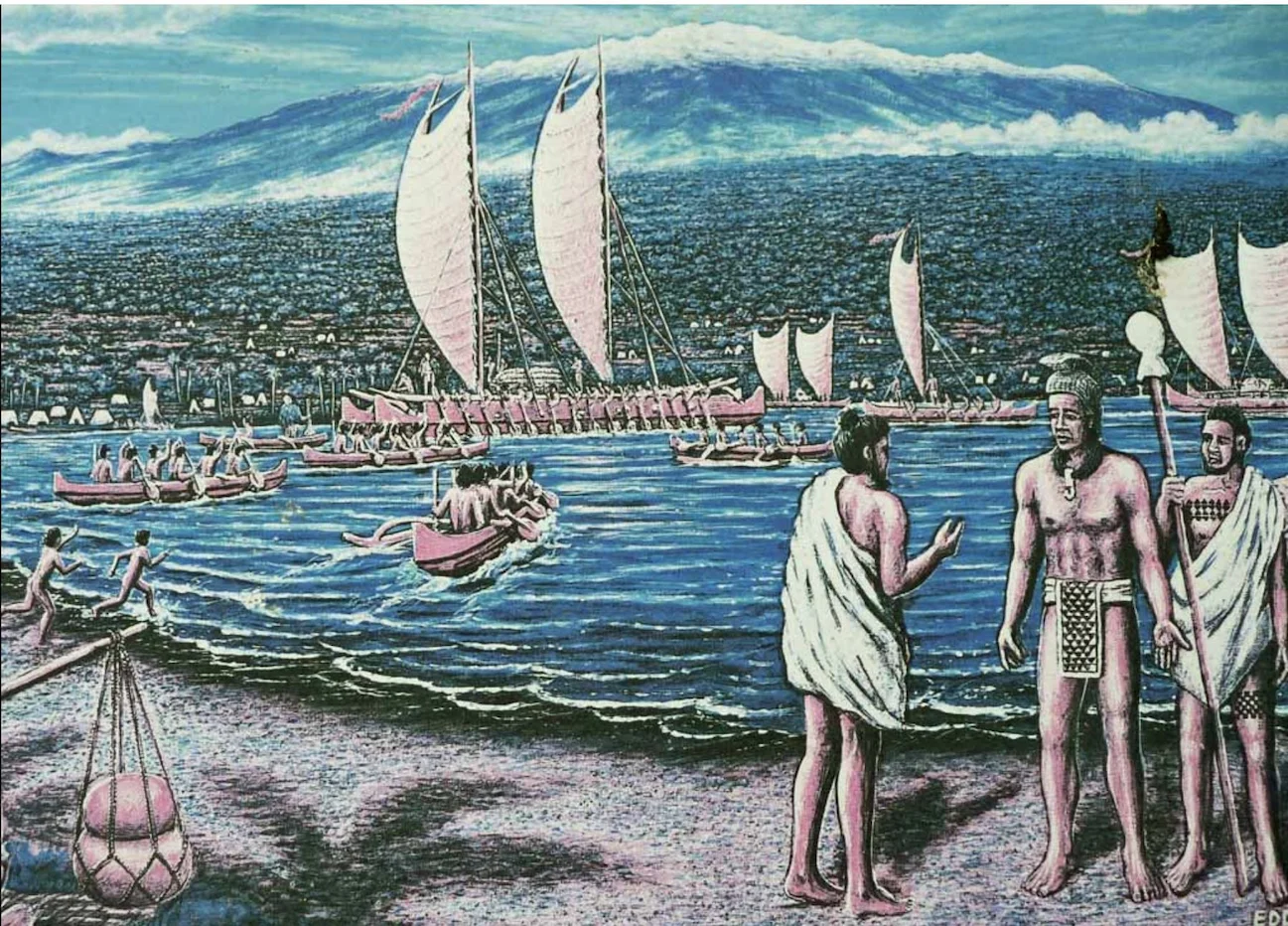  Painting depicting the murder of King Kiwalaʻo, who was Kamehameha's cousin, showing Kiwalaʻo along the shoreline with the two priests sent to kill him and a fleet of Kamehameha's sailing canoes behind them.