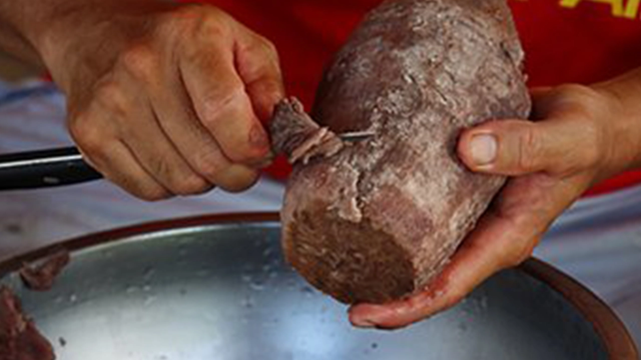 Logan scrapes his boiled kalo twice.